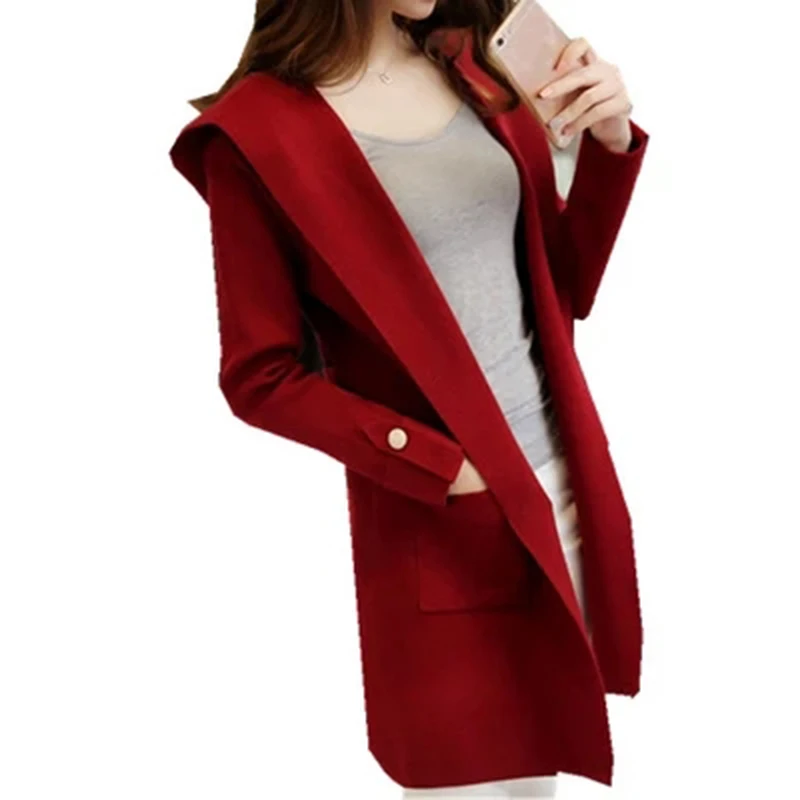 Best Price Women Autumn Winter Long Sleeve Knitted Sweater Cardigan Female Solid Color Knitting Outwear Coat with Hooded Sueter Mujer F569