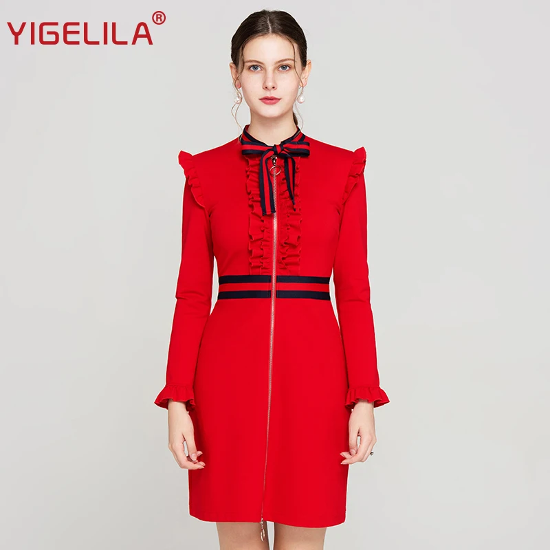 

YIGELILA Fashion Women Red Empire Dress Autumn Elegant Bow O-neck Full Sleeve Zipper Knee Length Slim Sheath Party Dress 63722