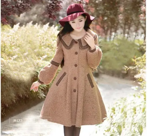 Женское шерстяное пальто на осень и зиму, модная винтажная приталенная верхняя одежда, однобортное Женское пальто с длинным рукавом-фонариком - Цвет: Шампанское