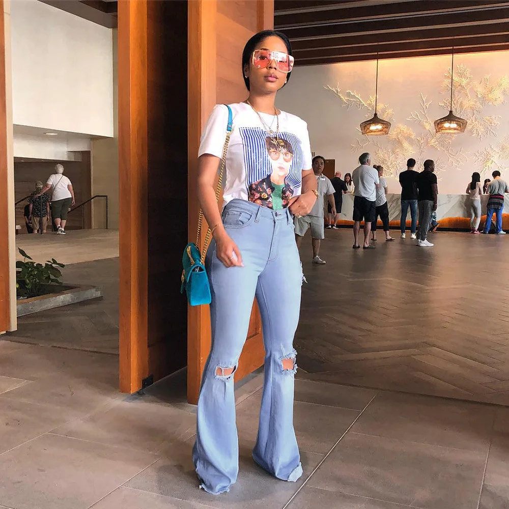 

Light Blue Denim High Elastic Flared Trousers Casual Hole Pants Solid Trousers