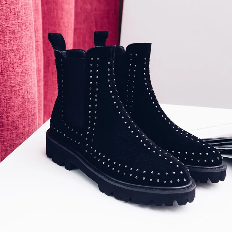 

Womens Retro Genuine Leather Studs Rivets Punk Ankle Boots Shoes Chelsea Western Cowboy Black