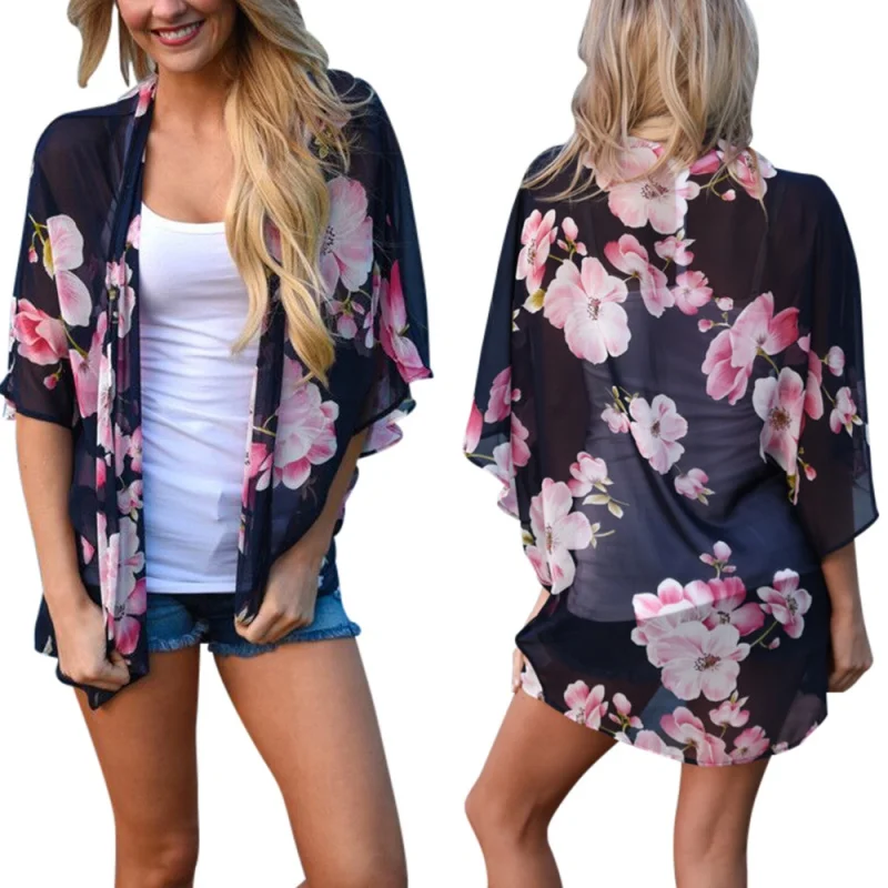 2018 Women Fashion Summer Blouse See Through Ladies Vintage Floral Print Chiffon Kimono Cardigan Casual Beach Shawl