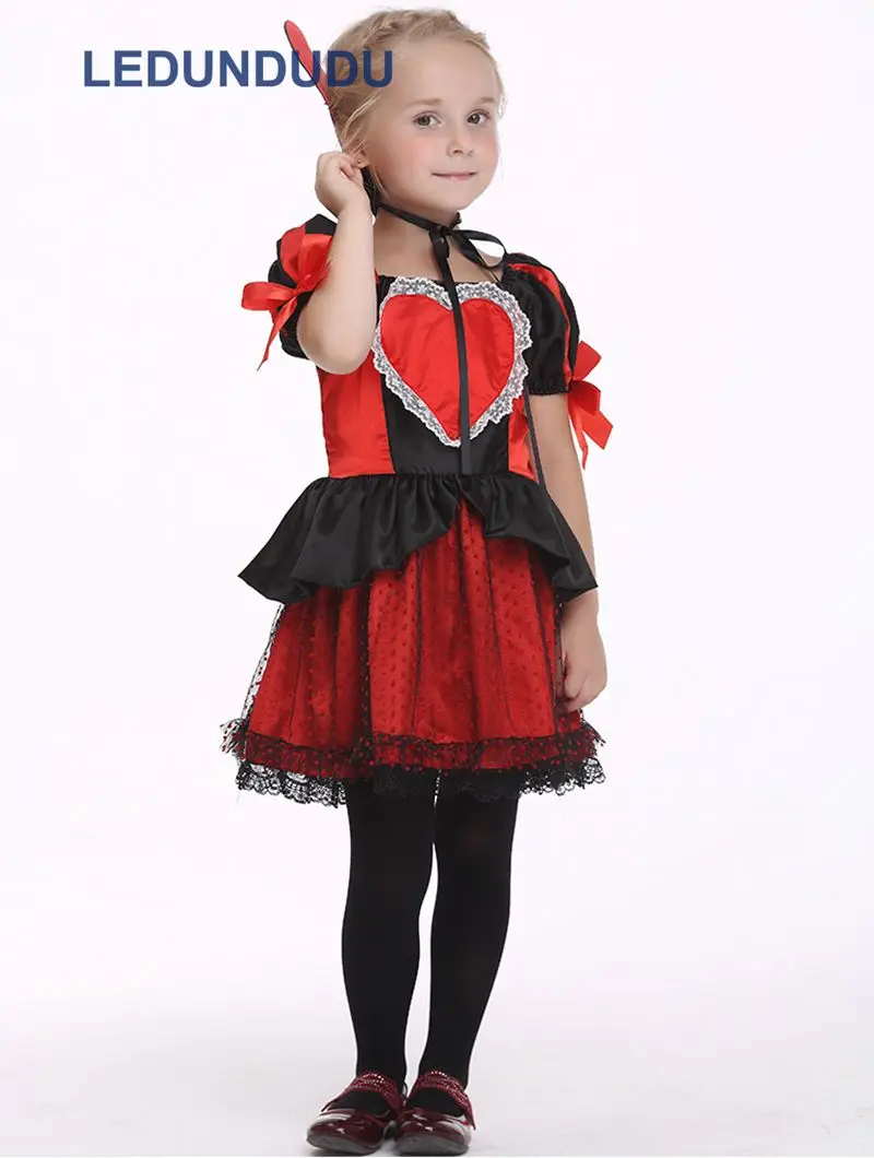 Queen Of Hearts Cosplay Costume for Kids Girls Princess Dress Children Halloween Fancy Party Suit (5)