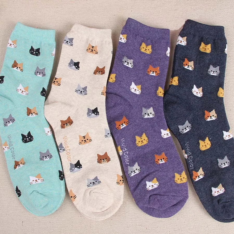 Women's Cute Cat Print Thick Cotton Socks-0