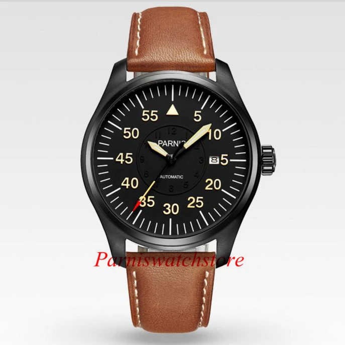 New Fashion 44mm Parnis Sport Watch Men Automatic Black Pvd Case Yellow Number Mechanical Watches