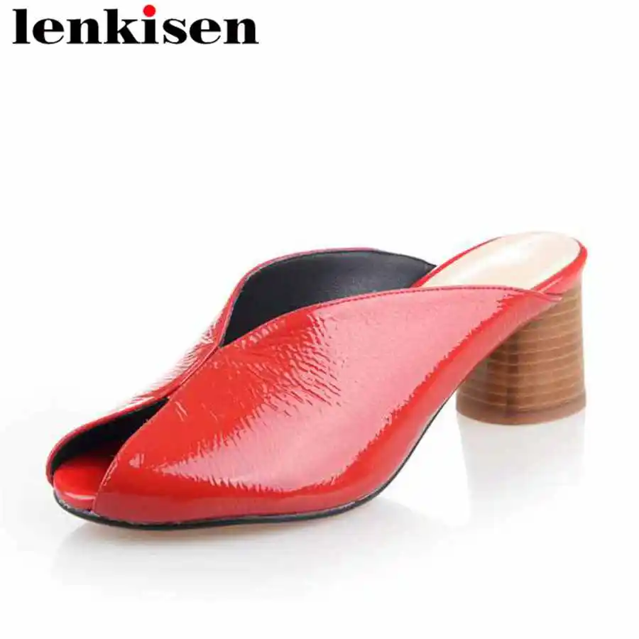 

Lenkisen 2018 genuine leather peep toe slip on mules british style women sandals plus size med round heels brand retro shoes L10