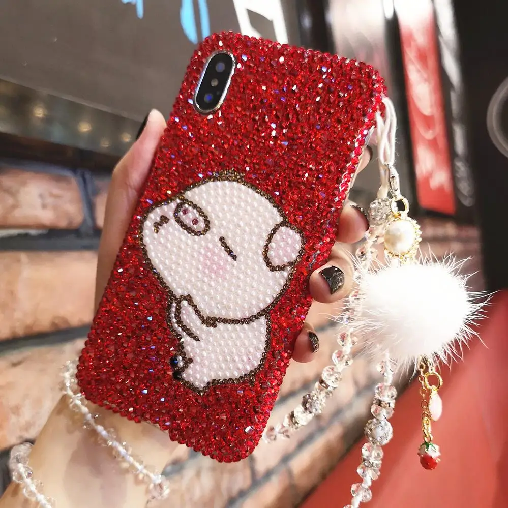 

For iPhone XS Max Luxury Pig Bling Crystal Diamond Cover for iphone XR X 6 6S 6SP 7 7P 8 8plus Festive Red stones case +strap