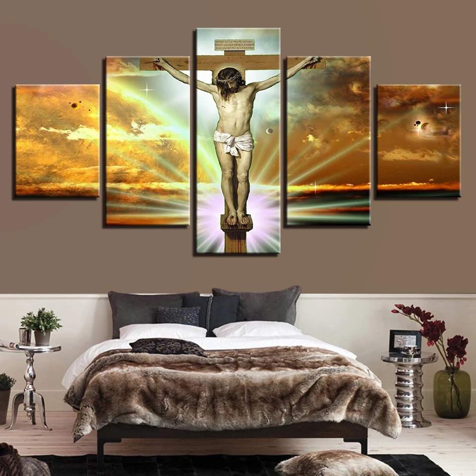 

5 Pieces Jesus Cross Abstract Starry Sky Landscape Paintings Modern HD Printed Wall Art Frame Canvas Pictures Posters Home Decor