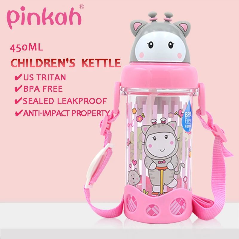PINKAH 450 мл детский соломенный чайник 450 мл портативный с плечевым ремнем чашка для питья BPA бесплатно US TRITAN Princess розовая бутылка для воды