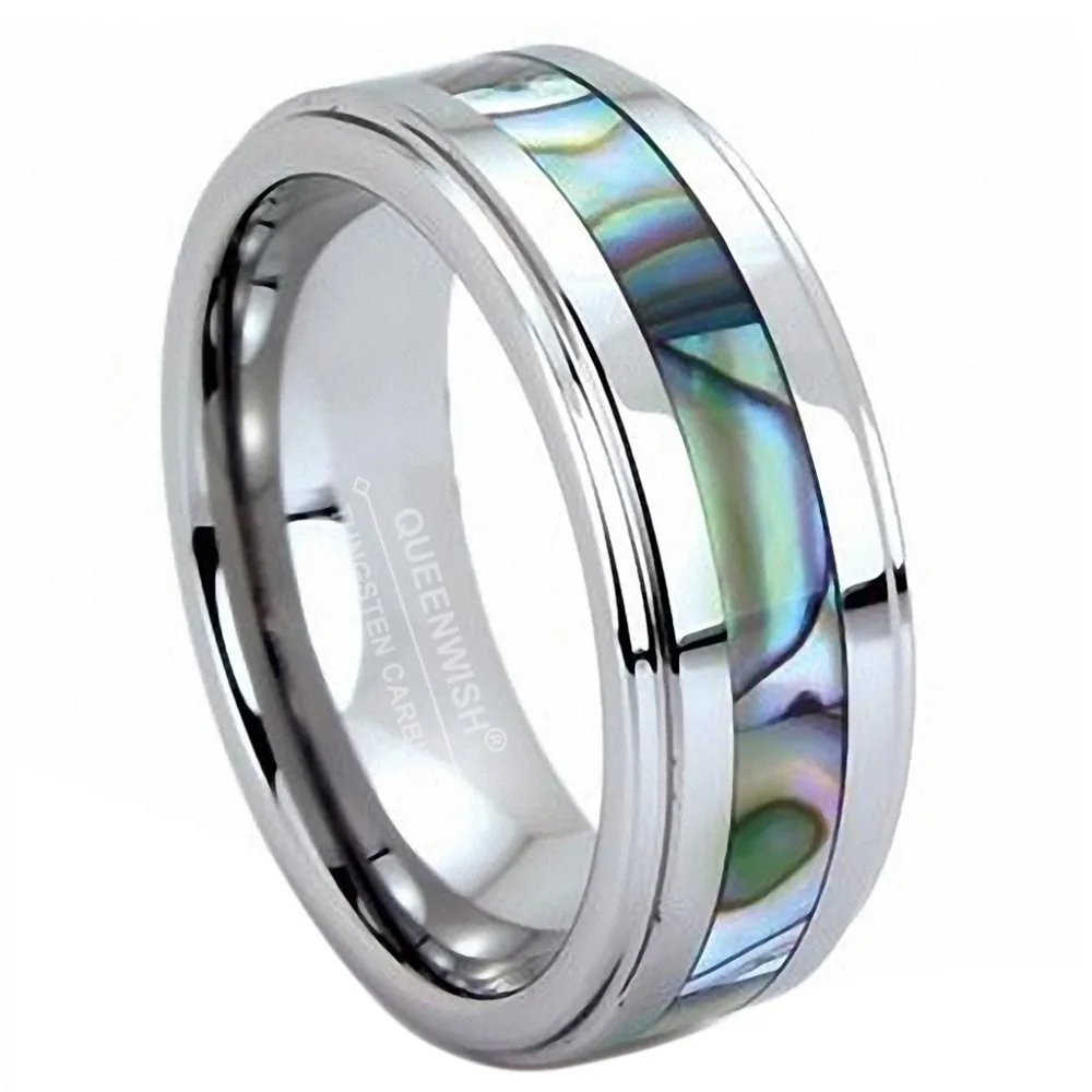 

Mens Wedding Bands 8mm Abalone Inlay Sliver Tungsten Carbide Womens Couples Engagement Rings Anniversary Jewellery