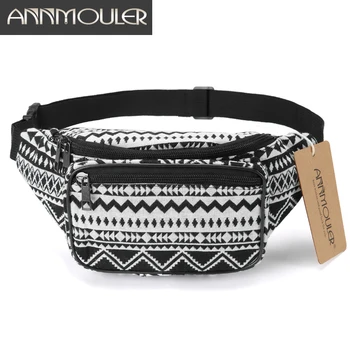 Annmouler Fashion Women Waist Packs 6 Colors Fabric Fanny Pack Double Zipper Chest Bag Bohemian Style Tribal Phone Belt Bag