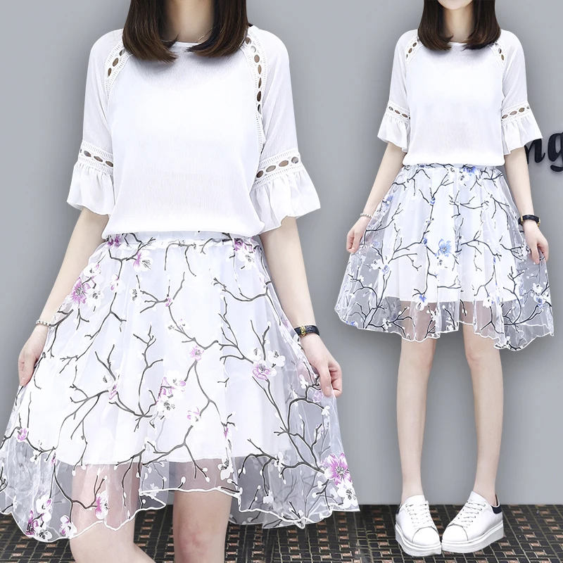 

5xl plus big size women set clothing spring autumn summer 2018 two pieces suits white chiffon shirts mini skirts female A4959