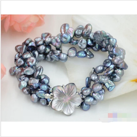

Free shipping@@@@@ P4685 4row 8" 9mm black lamina BAROQUE KESHI REBORN PEARL bracelet