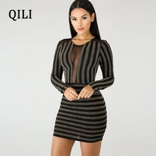 QILI Bright Silk Striped Sexy Wrap Dress See Through Mesh O Neck Long Sleeve Short Dresses Party Club Dress Plus Size QILI Bright Silk Striped Sexy Wrap Dress See Through Mesh O Neck Long Sleeve Short Dresses Party Club Dress Plus Size