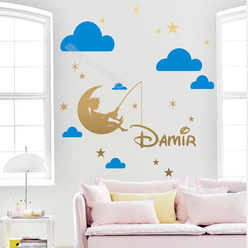 Boy sitting on the moon with hooks stars wall decal Custom Name Home Decor Stickers Kids room Nursery Wallpaper mural EB630 | Дом и сад