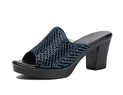 GKTINOO женские тапочки с женские летние шлепанцы из натуральной кожи обувь Для женщин; модные ботинки на высоком каблуке Стразы Летняя обувь - Цвет: Синий
