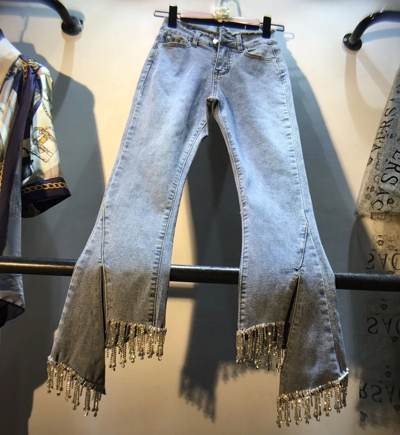 

European Jeans Lady Spring/Summer New Rhinestone Tassel-studded Nail Beads High Waist Slim Nine-point Slight Jeans Womens Pants