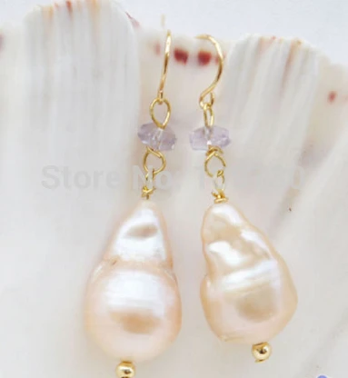 

ry00272 PINK BAROQUE KESHI REBORN PEARL DANGLE EARRING 14K