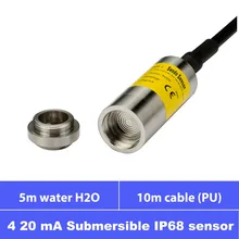 4 20mA submersible water level pressure sensor, 5 mtr h2o water range, 10m PU cable, immersible IP68 protection, air tube cable