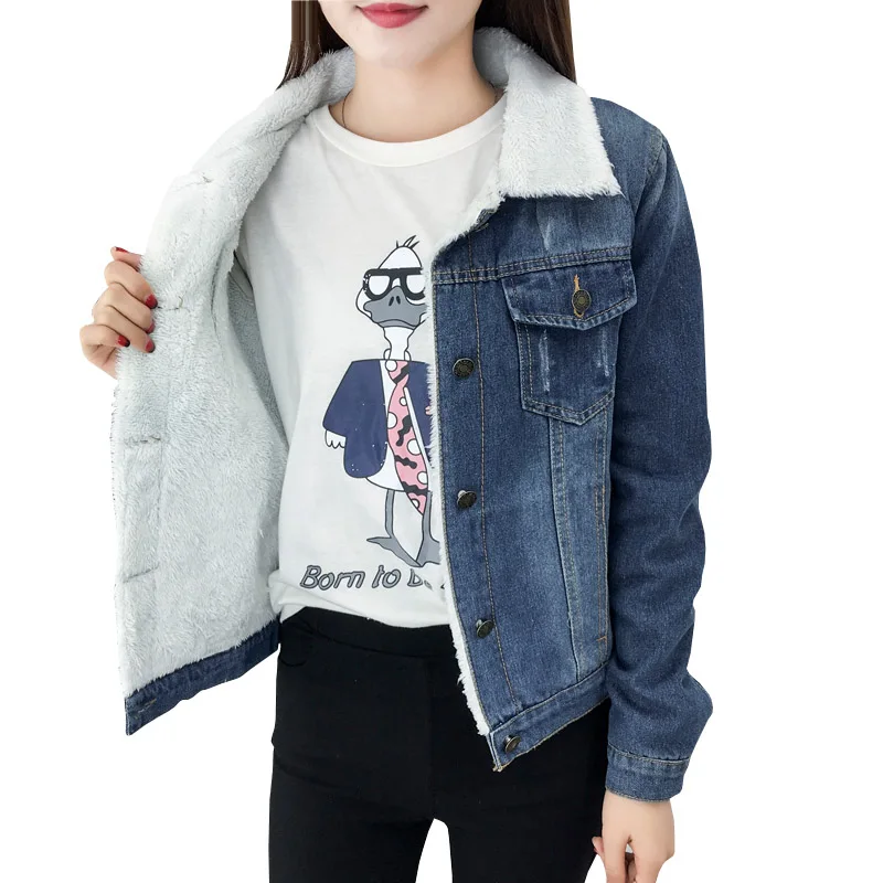 Korean tide lapel Autumn winter wear plus velvet denim jacket coat loose wild coat bomber jacket woman veste femme chaquetas 