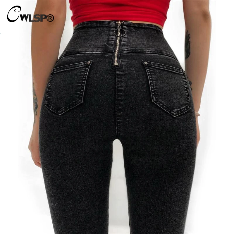 Cwlsp Back Zipper Skinny Jeans Women Black High Waist Denim Pencil Long
