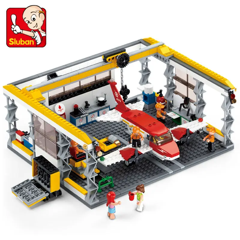 

SLUBAN 0372 Aviation City Small Aircraft Hanger Maintenance Platform Building Blocks Toys Model Set Airplane 599pcs