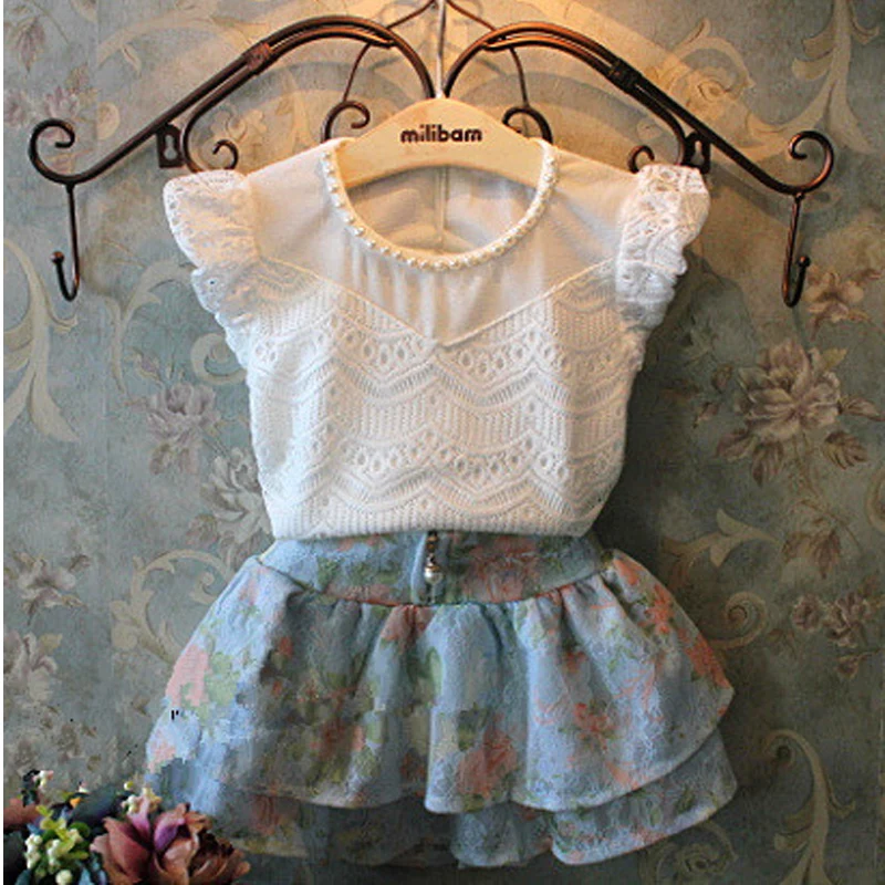 

Fashion spring Style baby girls clothing sets flower T shirt + tutu skirt girls clothes Sets For Children's Clothes