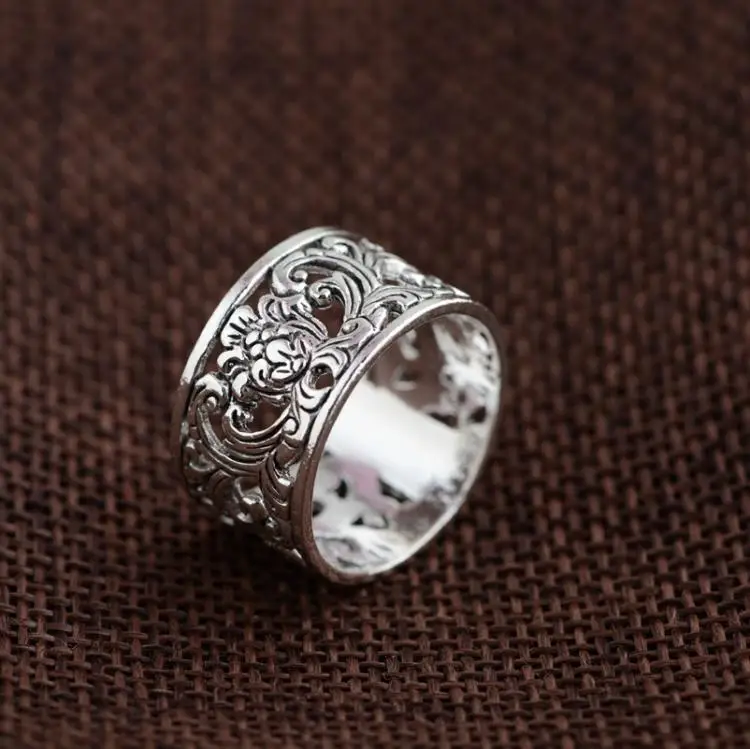 

Sterling Silver Antique Sterling Silver Ring S925 matte process manual PH7 style female hollow peony flower ornaments