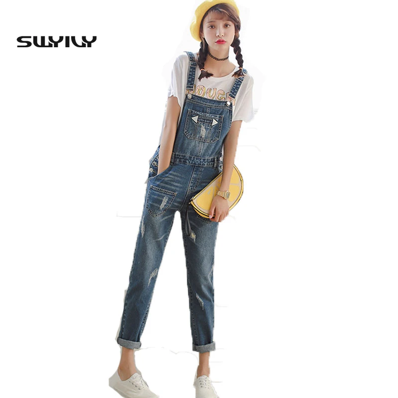 XS-XL 3 Color Blue Women Girls Denim Casual Jumpsuit Romper 2017 New Overalls Hole Washed Jeans Combinaison Femme Macacao Pants