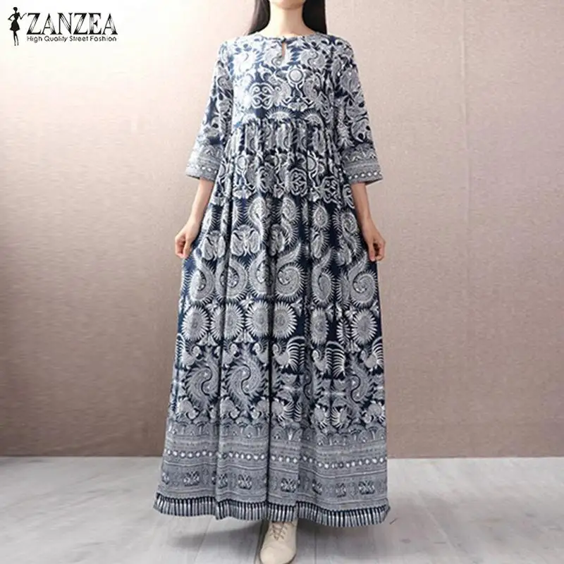 

Women's Printed Sundress Kaftan Summer Dress 2019 ZANZEA Vintage Button Shirt Vestidos Female 3/4 Sleeve Robe Femme Plus Size