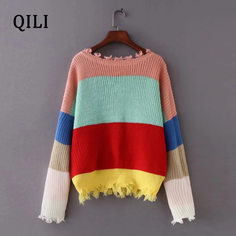 QILI New Multicolor Stripes Sweater Women Low Chest Deep V-neck Irregular Front And Rear Wear Fashion Lash Pullovers Sweater Top