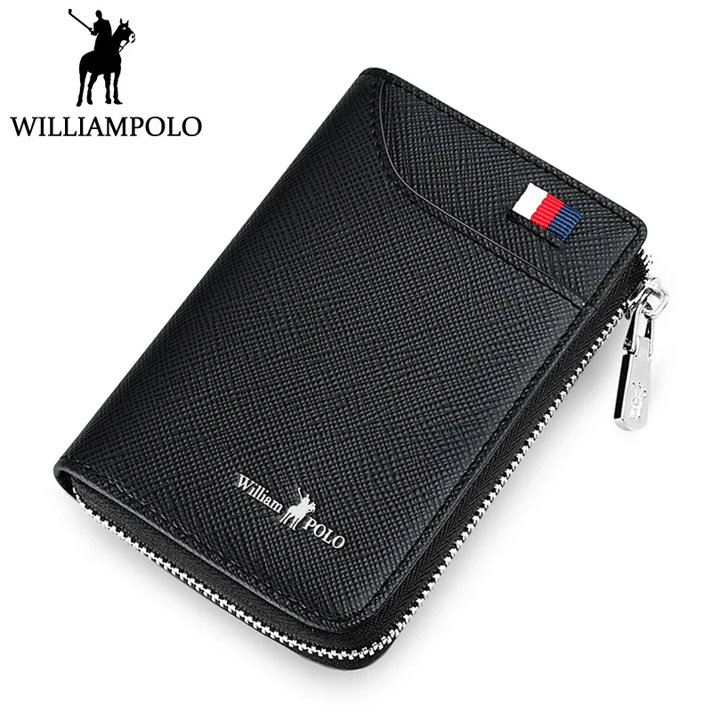 

WILLIAMPOLO Card Purse Men Credit Card Holder Genuine Leather Zipper Card Case Wallet Brown Blue Black 2018 New Design