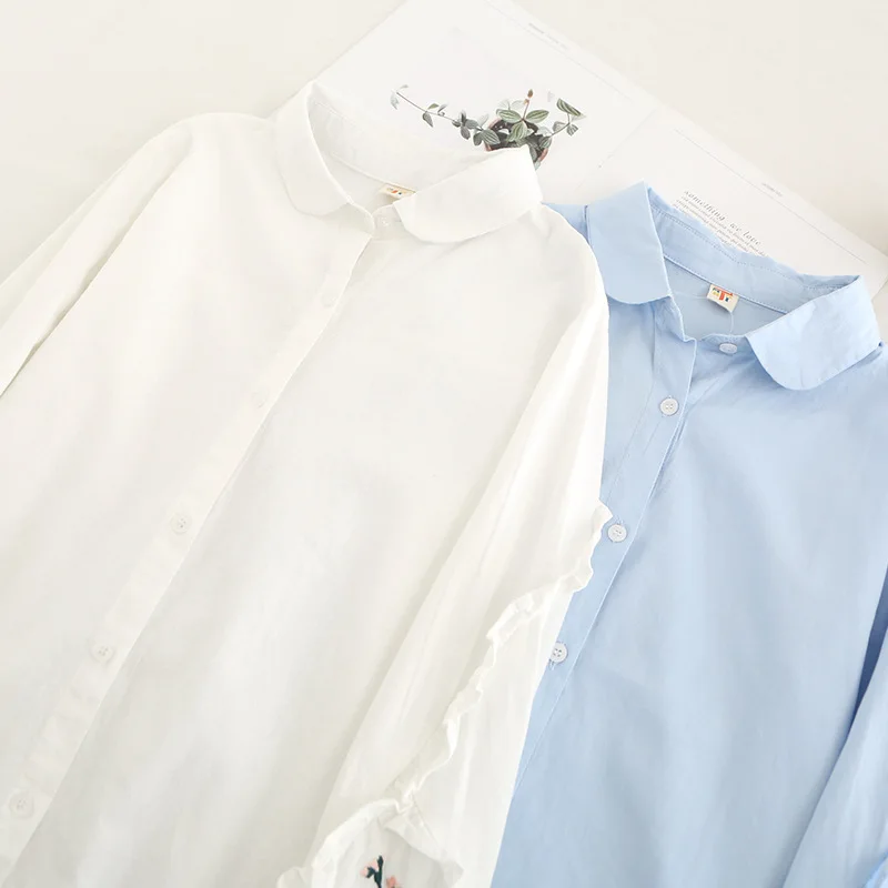 Chaqueta Las blanco Larga Azul Floral Mujeres 2019 Blusas La Blusa Primavera De Punto Blanco Nueva Azul Bordado Mujer Camisa Algodón Manga xvqpR0wB