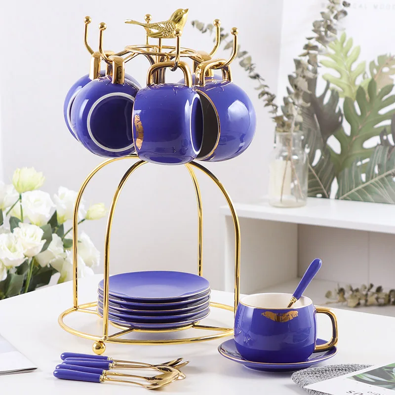 Высокая-класс Кофе чашка Модный комплект одежды с принтом «губы» Кофе чашки фарфоровая чашка для чая наборы чашек и блюдца Набор кружек домашний, для напитков - Цвет: 6-piece set blue