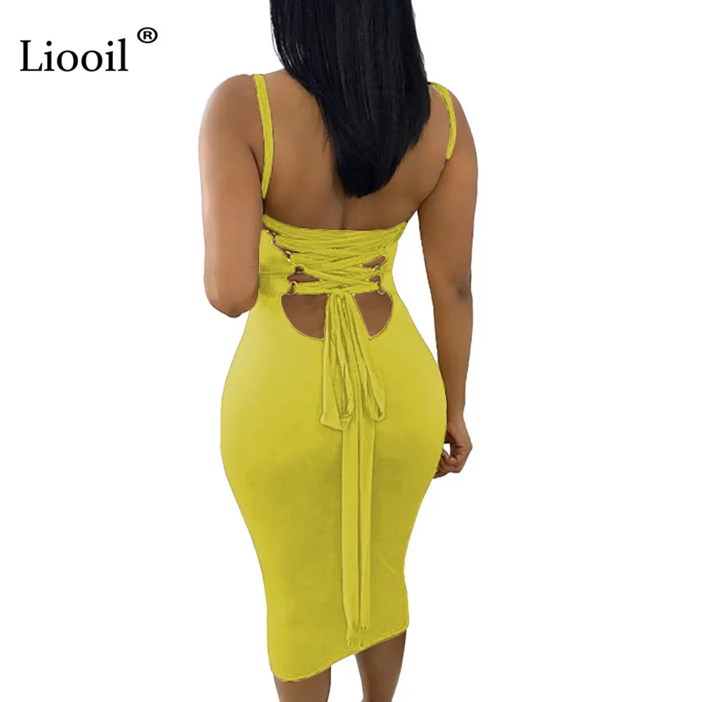 Liooil Strapless Spaghetti Strap Dress Women Sexy Club Sleeveless