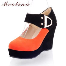 Shoes Women High Heels Pumps Spring Mary Jane Flock Platform Wedges Female Sequined Orange Shoes Large Size 9 10
