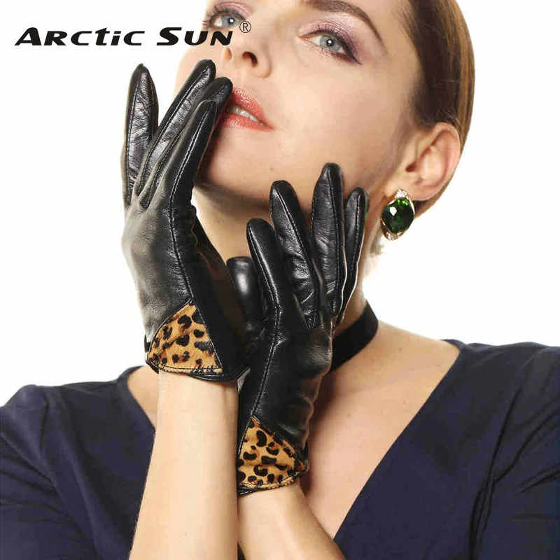 Женские кожаные перчатки, модные леопардовые наручные перчатки с бантом из натуральной овечьей кожи, зимние однотонные теплые женские перчатки для вождения,, L100NQ