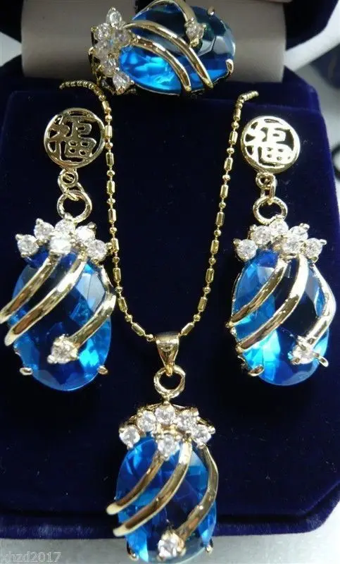 wholesale good Charming Inlay sapphire Crystal Pendants Necklace Earring ring Set 5.23