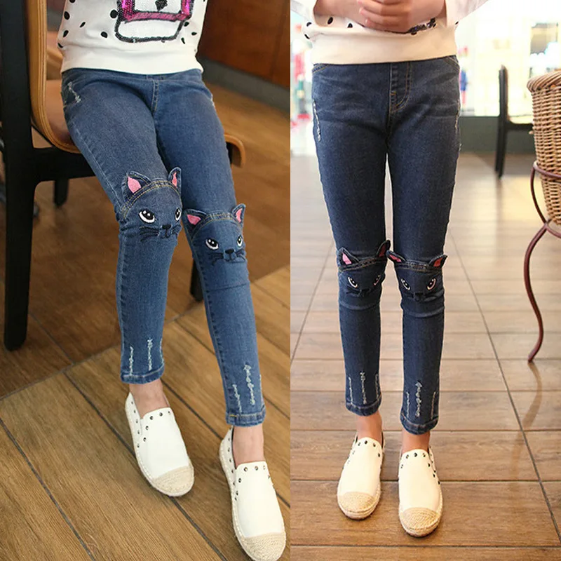 Spring and Autumn Girls' Jeans Korean Children's Wear Cartoon Cat Embroidery Pencil Pants Girls Feet Trousers | Детская одежда