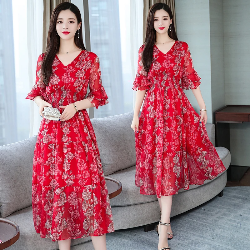 

Summer Print Floral Party Red Maxi Women Beach Dress Boho Casual Long Ruffle Elegant Lady Vintage Vestido New Arrivals