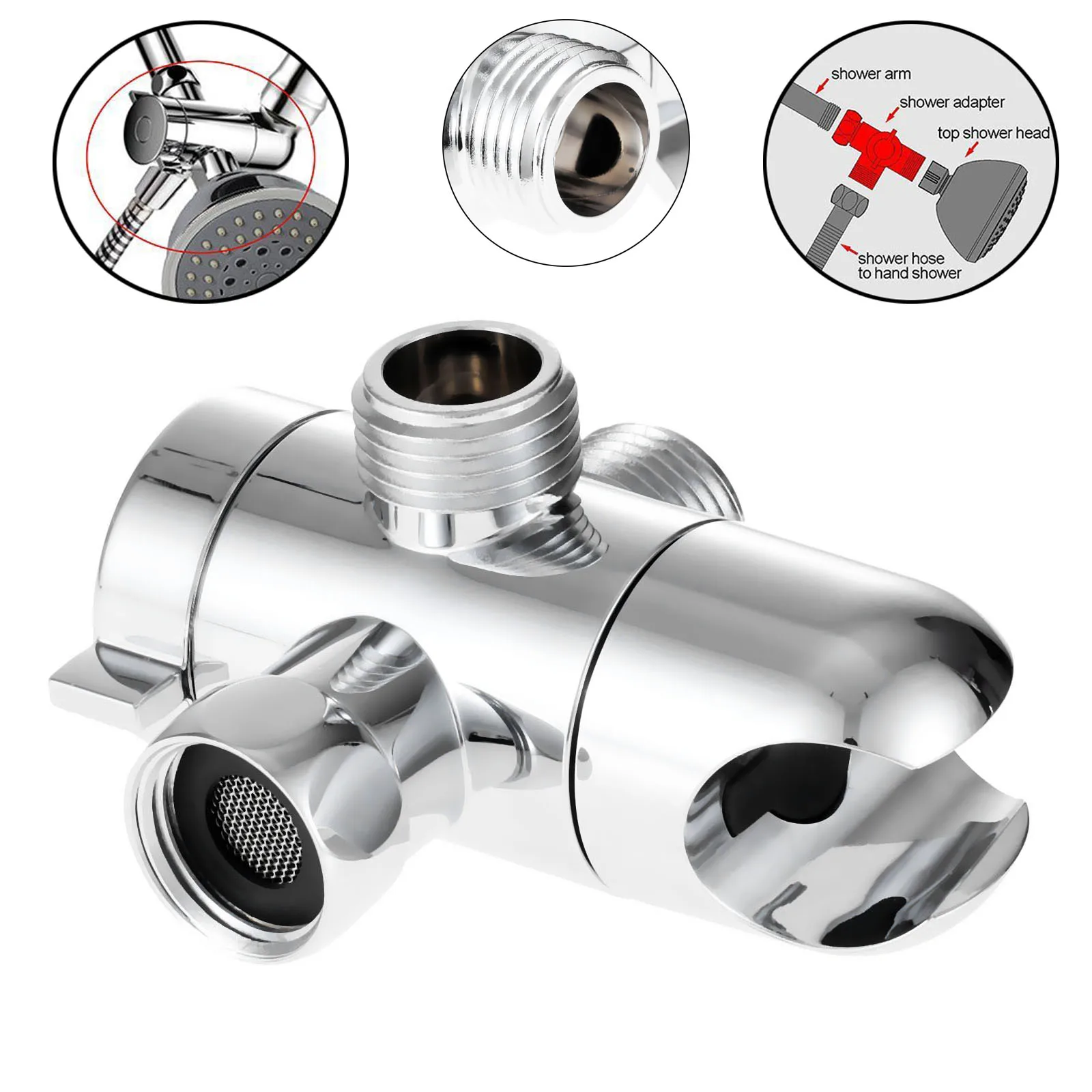 3 Way Shower Head Holder Water Saving Diverter Silver Polished Chrome Wall Mounted Shower Valve Fix Bracket