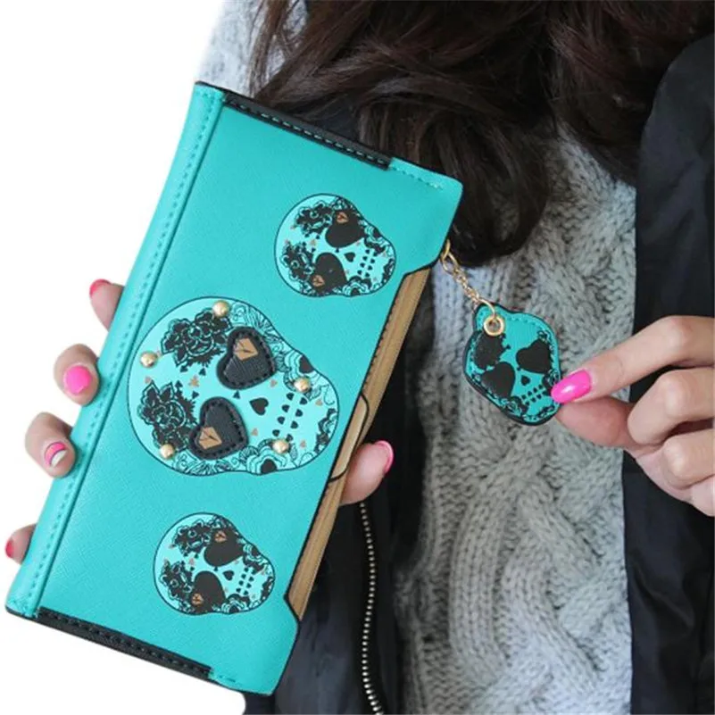 

New 2017 Fashion Solid Color Rock Punk Skull PU Leather Women Hasp Wallet Coin Purse Female Long Note case Money Bag Long Wallet