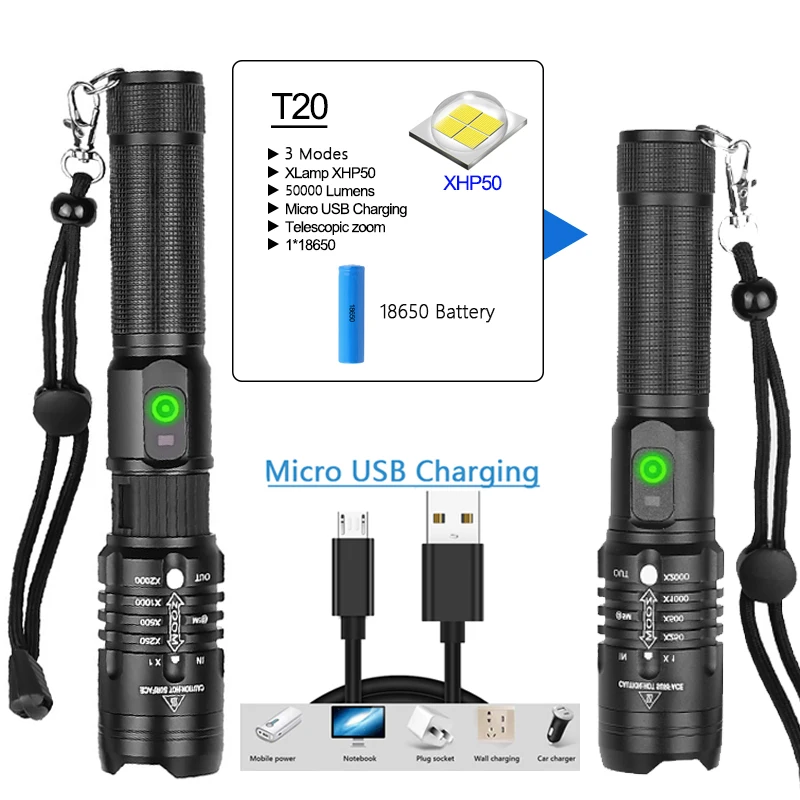 7600 lumens led flashlight the most powerful flashlight 18650 usb flashlight xhp50 lantern 18650 led flashlight hunting lights