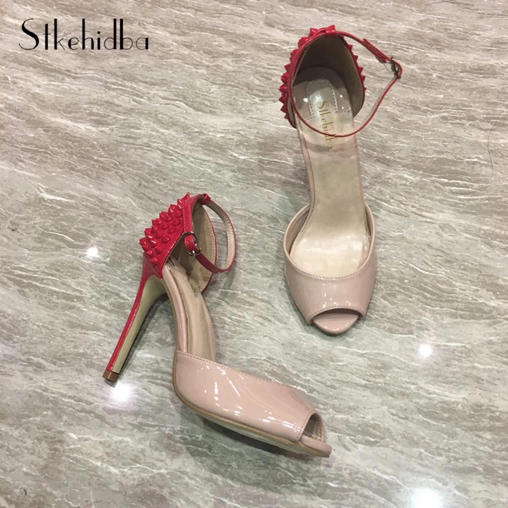 

Stkehidba Sexy Rivets High Heels Pumps Summer Peep Toe Women's Pumps Real Leather Women's Shoes Fashion Party Sandals For Women