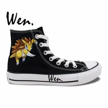 Wen Black Hand Painted Shoes Design Custom Pangolin Pokemon Go Sandslash Pocket Monster High Top Canvas Sneakers for Men Women
