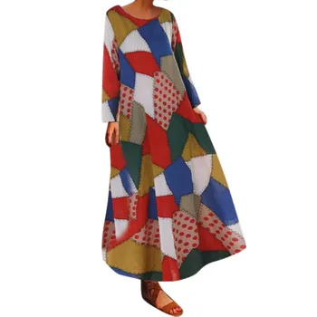 

Winter Autumn Sexy Women Half Sleeve Block Multicolor Loose Bohe Beach Long Robe Cotton Dress Party vestidos robe femme