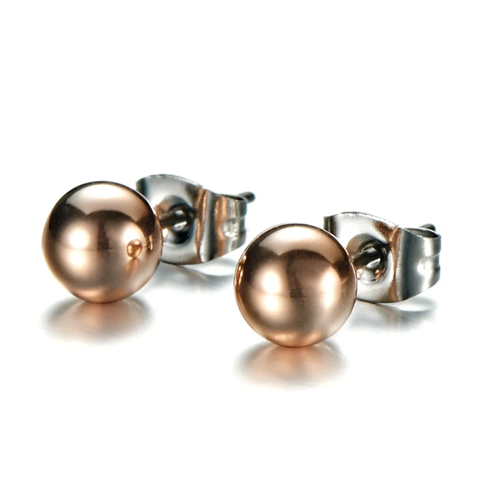 Серьги-гвоздики с круглыми шариками, 6 мм, гипоаллергенная титановая бусина, серьги для женщин и девочек, безопасные для большинства ушей, Brincons, серебро, розовое золото
