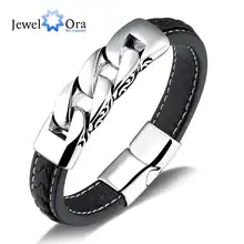 Плетеные кожаные браслеты и браслеты из нержавеющей стали длиной 215 мм, браслет, модные ювелирные изделия, подарок для мужчин(JewelOra BA102063