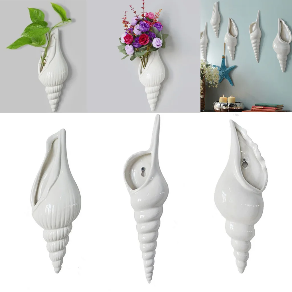 3x Modern White Ceramic Sea Shell Conch Flower Vase Wall Hanging