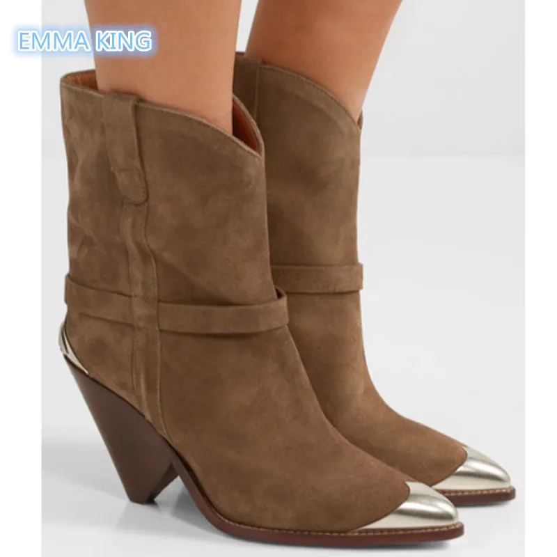 

Brown Suede Women Ankle Boots Pointed Toe Fashion Spike High Heels Shoes Metal Ankle Strap Design Chelsea Boots Sexy Botas Mujer